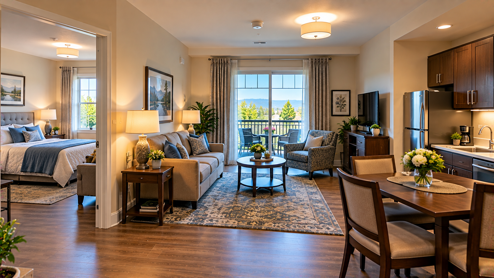 Senior living apartment and resident common area