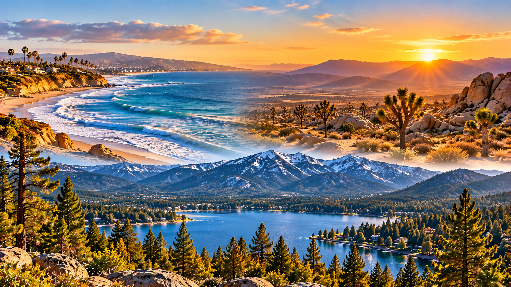 Southern California coastline, desert and mountain landscape