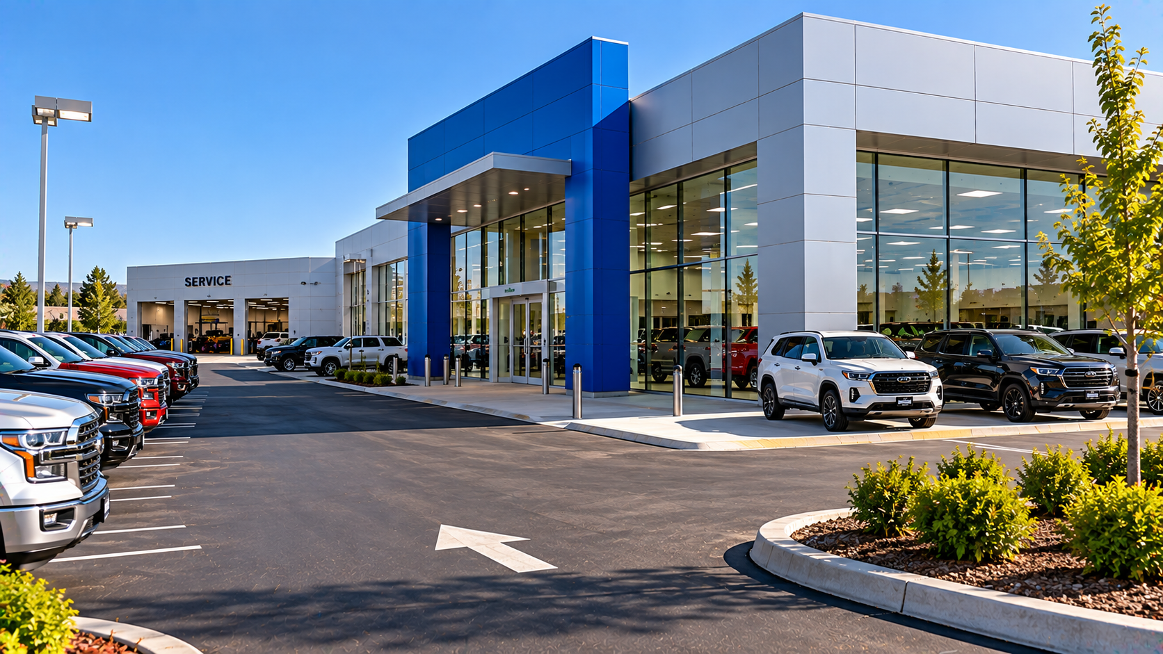 Modern car dealership building and parking lot
