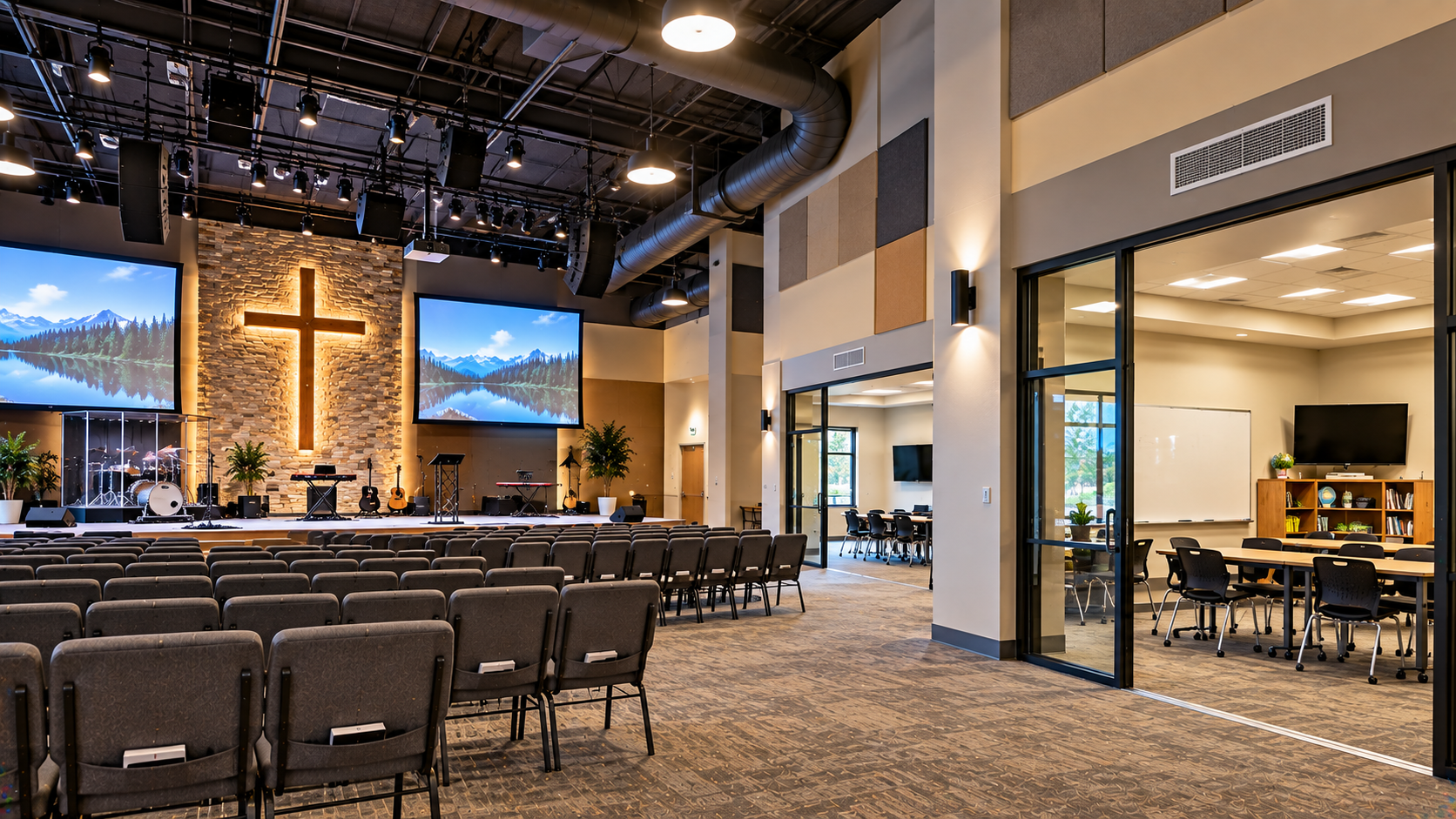Modern church worship space and stage