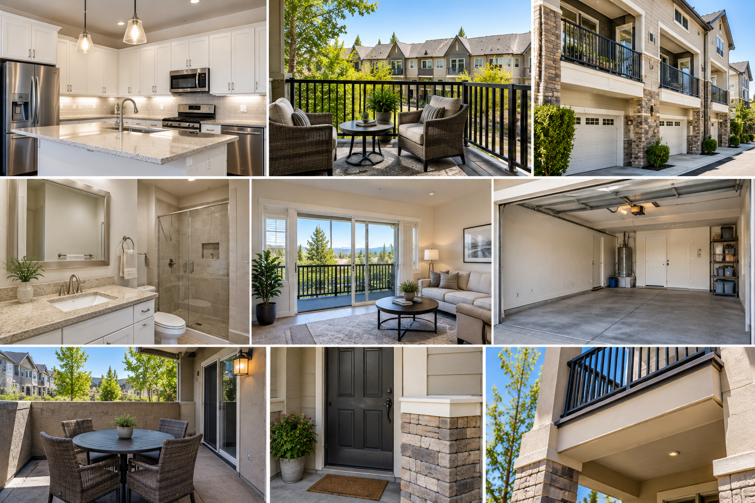 Collage of condo and townhome interior and exterior areas