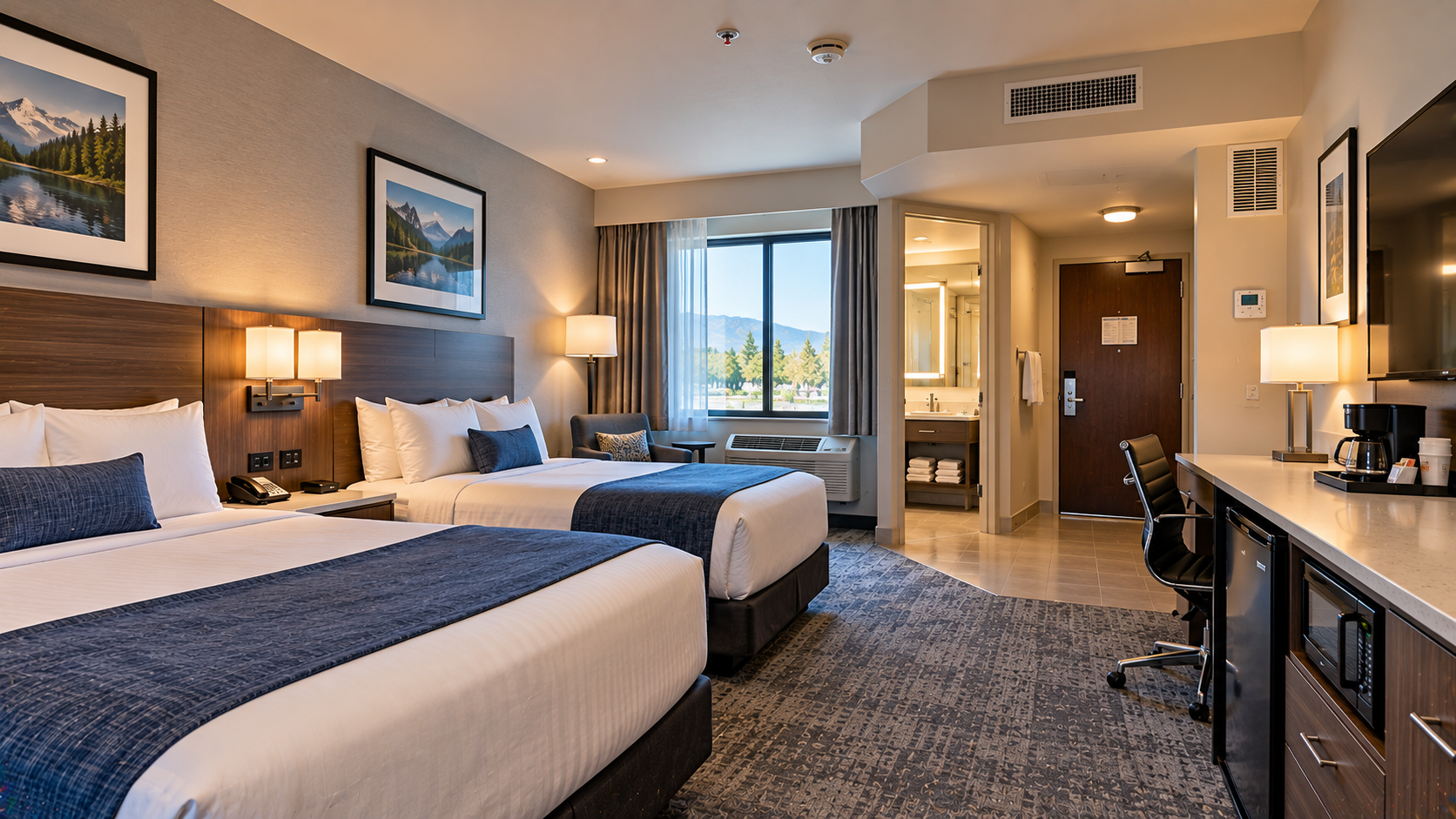 Hotel guest room with beds and sitting area