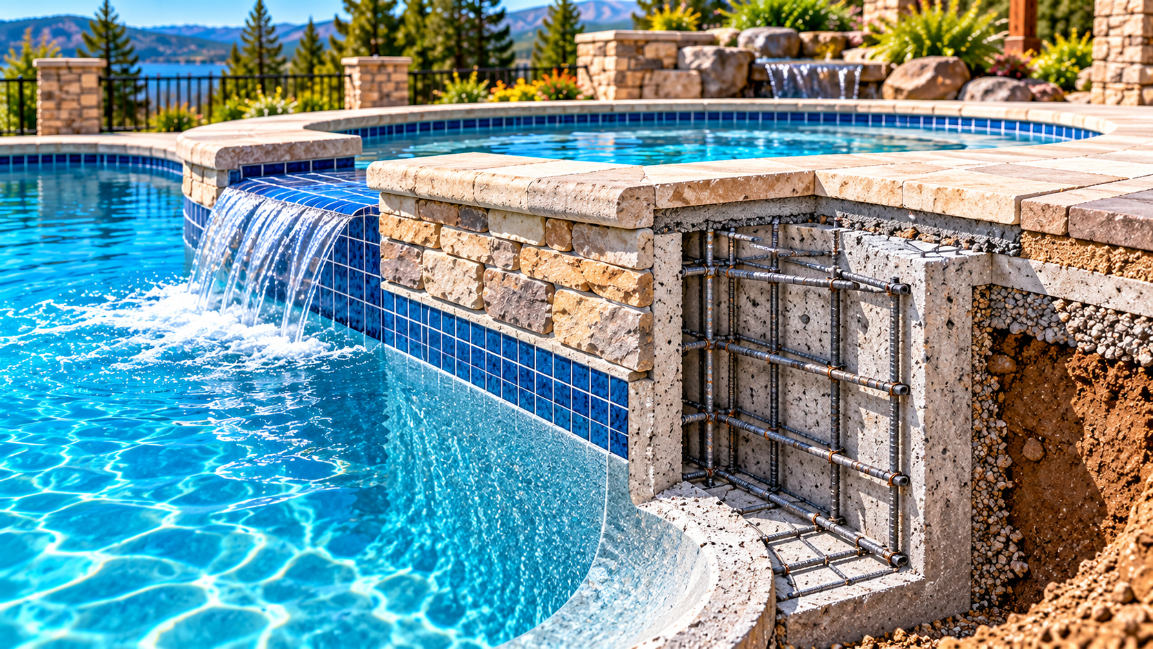 Swimming pool and raised spa with tile and stone finishes