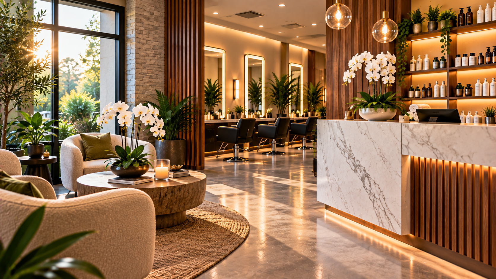 Upscale salon reception and waiting area