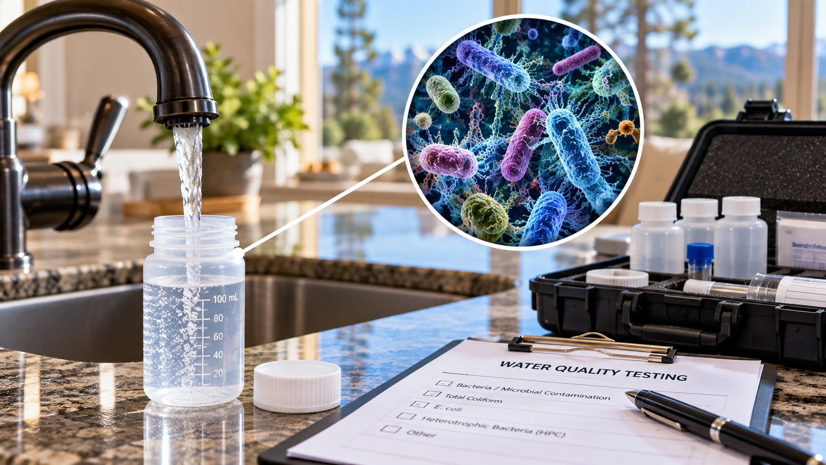 Water sample bottle and laboratory testing materials beside a faucet